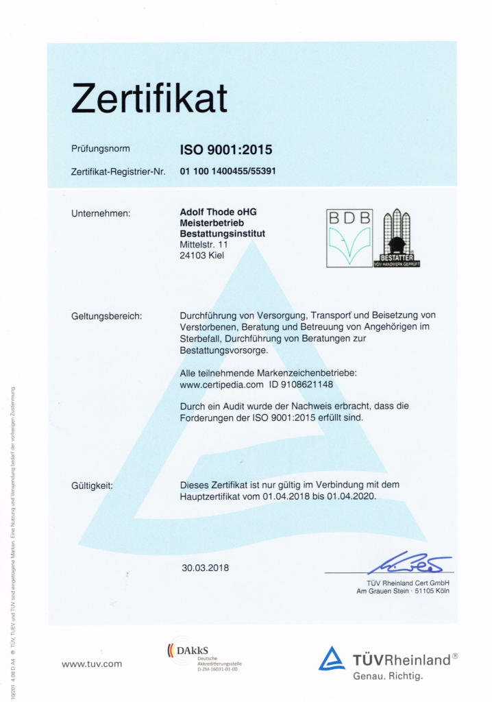 Zertifikat TÜv Rheinland Thode Bestattungen 